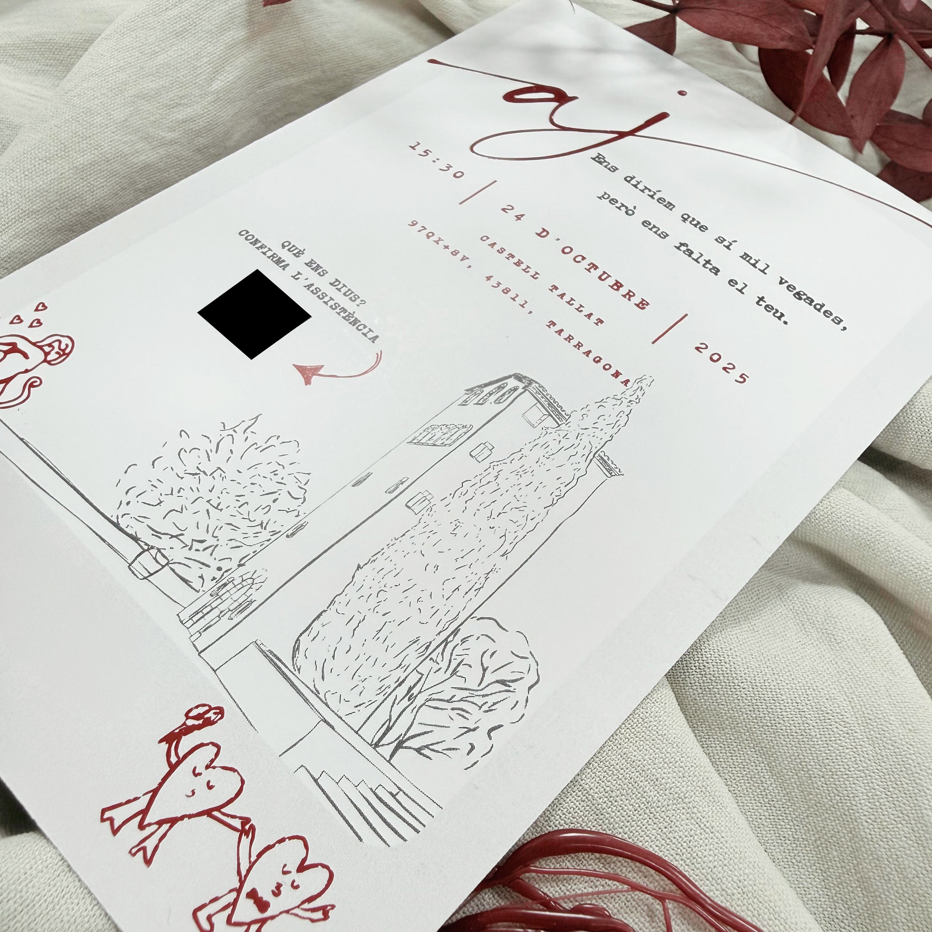 Tarjeta de invitación Polaroid Novellie con diseño vintage y espacio para personalizar en la parte central.